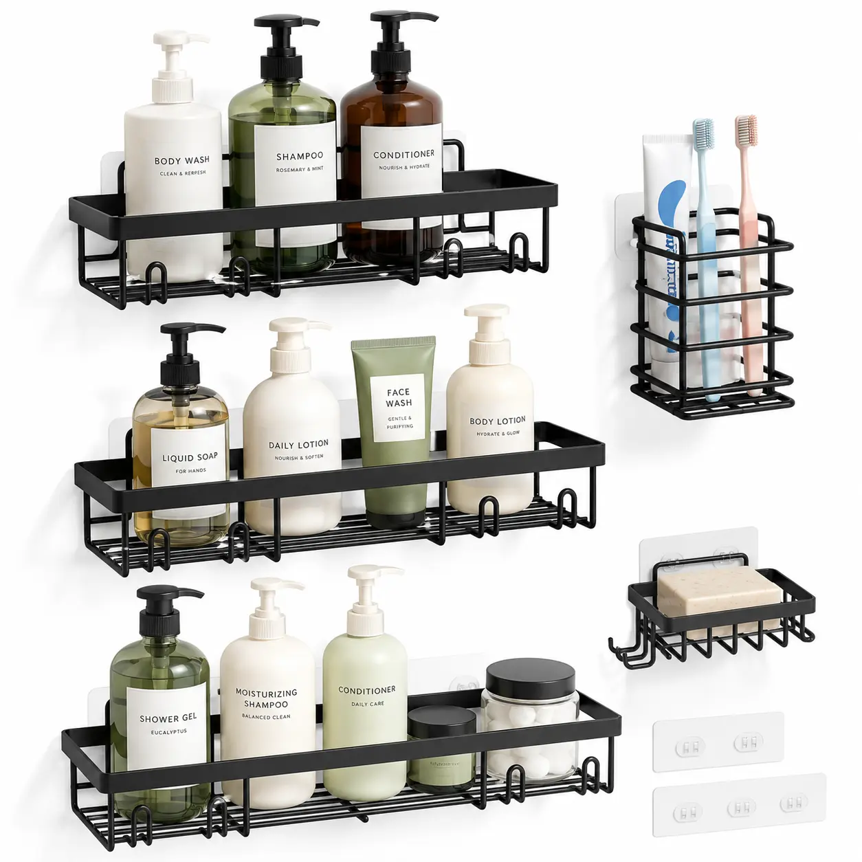 5-Pack Black Adhesive Shower Caddy, Rustproof Stainless Steel No-Drill Organizer with Toothbrush Holder, Soap Dish & Hooks for Dorms and Apartments