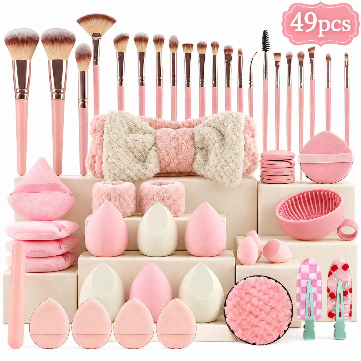 All-in-1 Holiday Makeup Starter Kit - Classic Cosmetic Set with Brushes, Eye Makeup Tools, Sponge, Headband, Brush Cleaning Bowl, Puff, Wristband for Flawless Complexion, Portable Multicolor Girls Kit 49/48/52/58Pcs