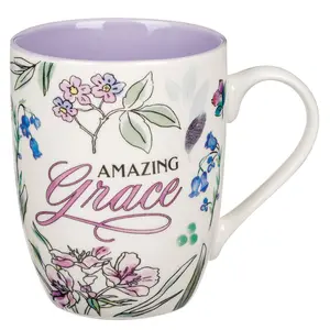 Inspirational Ceramic Coffee & Tea Mug For Women: Amazing Grace  Cute Encouraging Microwave Dishwasher Safe Drinkware White Lavender Purple Multicolor Floral 12 Oz.
