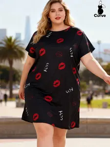 Plus Size Fashionable Women's Sleepwear, Loungewear, Elegant Lip Print Short Sleeve Dress, Soft Loose Fabric, Perfect for Daily Relaxation and Sleeping