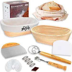 Banneton Bread Proofing Basket Gift Set– 2 Oval 10" Rattan breadBaskets for Sourdough Baking- Bakeware with Utensils - Lame, Scrapers, Whisk, Bag, etc