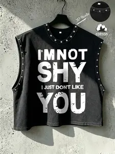 Unisex Retro Short Sleeveless Vest, Rivet Decoration, Slogan Graphic Print, Y2K Gothic Punk Street Style, Casual Loose Fit Daily Wear