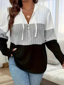 [Plus Size] Women's Colorblock Drawstring Zipper Hoodie, Casual Long Sleeve Sweatshirt for Spring & Fall, Casual Wear, Women's Christmas and New Year Clothing for Daily Wear