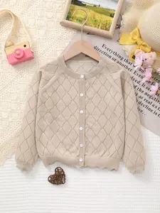 Girls' Spring Summer Round Neck Diamond Pattern Hollow Out Knit Button Open Front Cardigan, Casual Fashion Outerwear for Kids