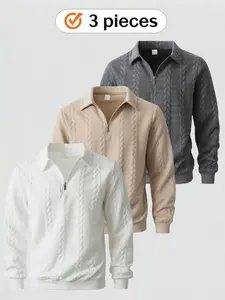 This 3-piece men's half-zipper lapel knitted jacquard sweatshirt is made of soft fabric and features a textured jacquard design. It is a regular long-sleeved knitted sweatshirt that can be layered. Suitable for casual daily wear in autumn and winter