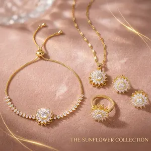 Women's Spinning Sunflower Jewelry Set Adjustable Anti-Stress Flowers Necklace, Ring, Earrings, and Bracelet. Ideal as a gift for friendship, birthdays, or holidays