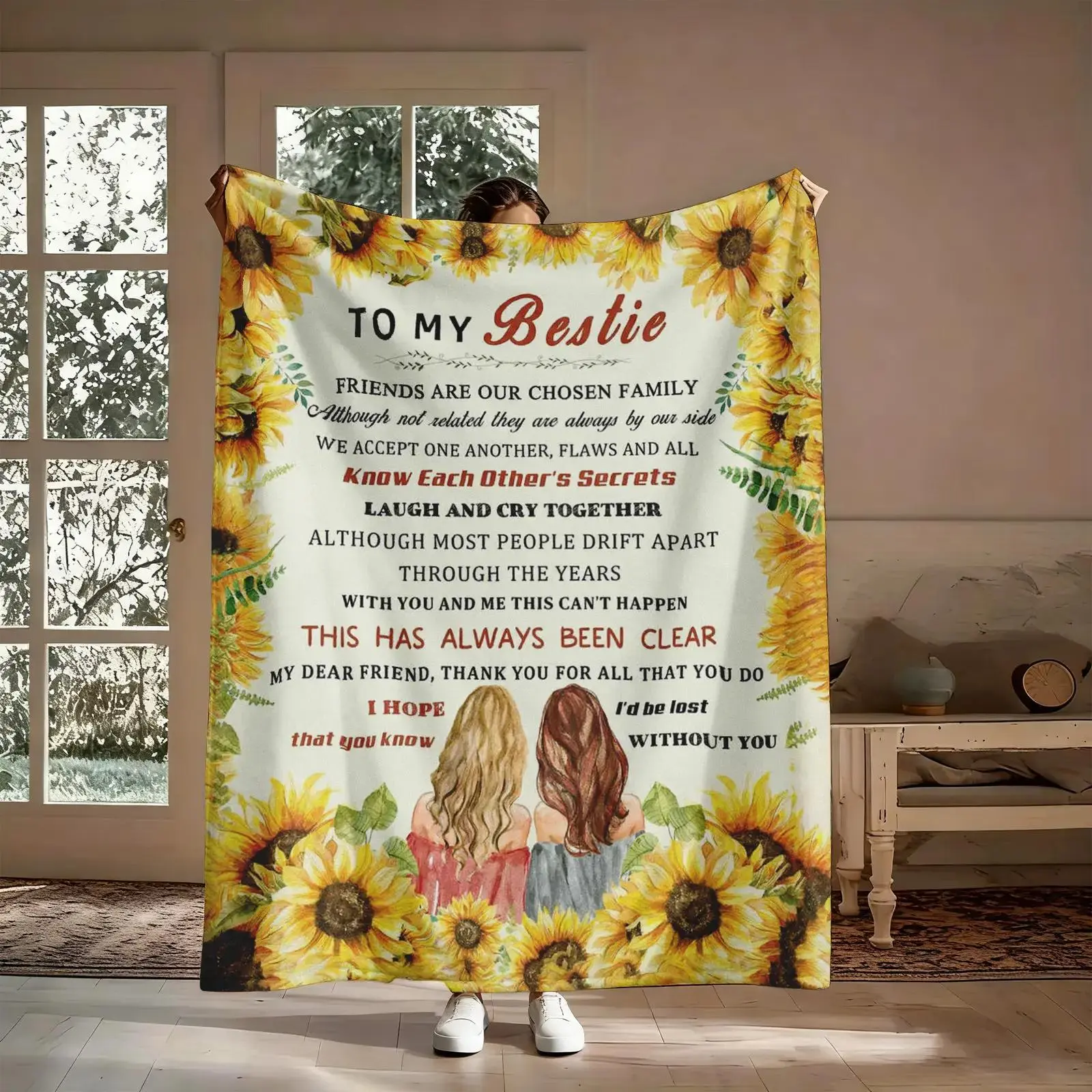 Personalized Sunflower Bestie Flannel Throw Blanket - Best Friends Comfy and Cozy Comfy Vibes Cosy Home Blankets Cozy Finds, Soft, Warm, Wrinkle-Resistant, PVC, Machine-Washable, Sentimental Gift, Couch/Bed Living Room Decor