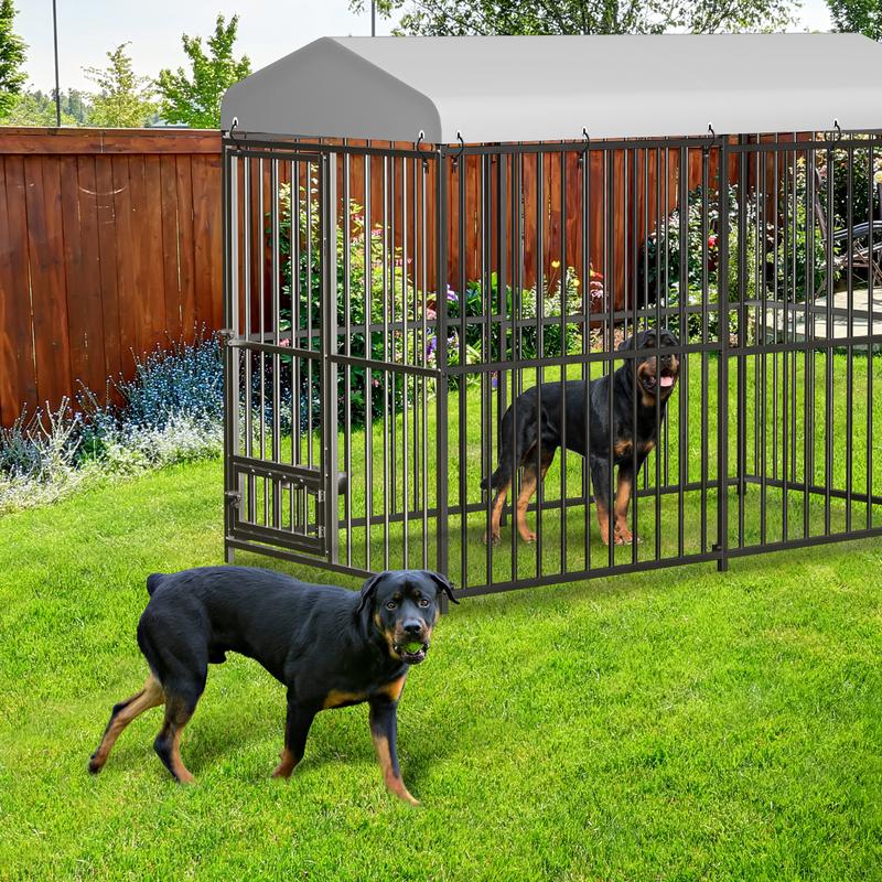 Heavy Duty Outdoor Dog Kennel with Roof – Large 8x4x6FT Galvanized Metal Dog House with Secure Lock,UV & Water-Resistant Black Cover Pet Enclosure for Garden or Backyard