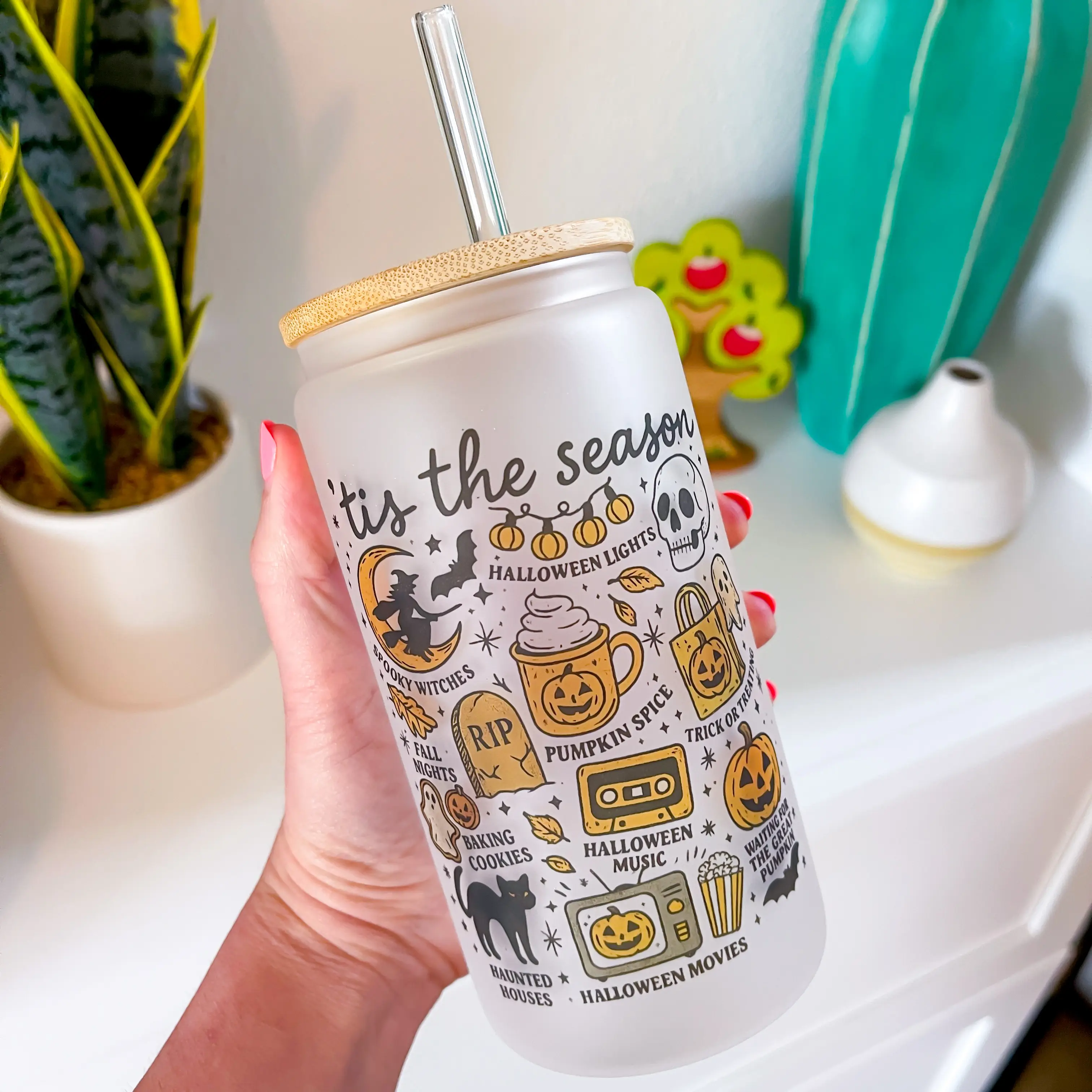 Halloween Spooky Season 16 Oz Frosted Can Glass Cup with Bamboo Lid & Plastic Straw