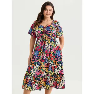 BLOOMCHIC Plus Size Vibrant Floral Print Ruched Bodice Midi Dress [M-6X]2026 Summer Vibes