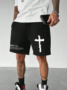Men's Regular Fit Cross Print Graphic Drawstring Shorts, Street Fashion Stylish Casual Pocket Elastic Waist Track Shorts for Summer, Mens Bottoms for Daily Wear, Casual Athletic Shorts