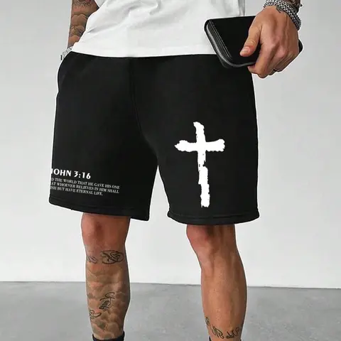 Men's Regular Fit Cross Print Graphic Drawstring Shorts, Street Fashion Stylish Casual Pocket Elastic Waist Track Shorts for Summer, Mens Bottoms for Daily Wear, Casual Athletic Shorts, Trendy Shorts
