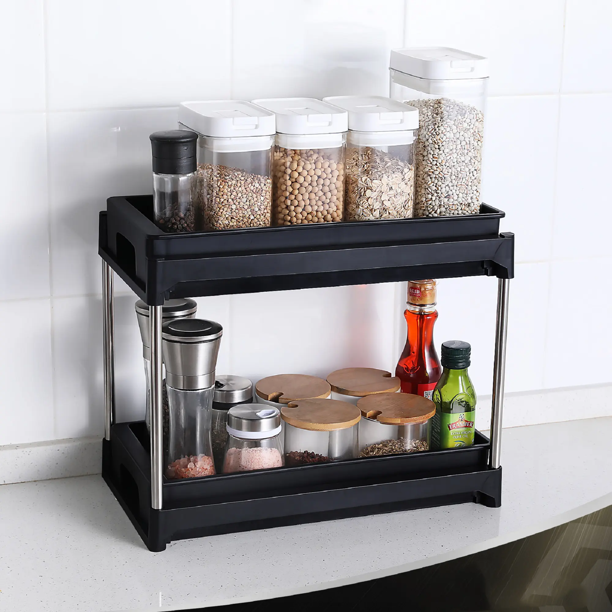 Pull Out Cabinet Organizer Drawer with 2 Hooks, Black Slide-Out Storage Basket for Kitchen, Bathroom, Pantry, Closet, Under Sink, Cupboard, Shelf, Multi-Purpose Home Organization Bin