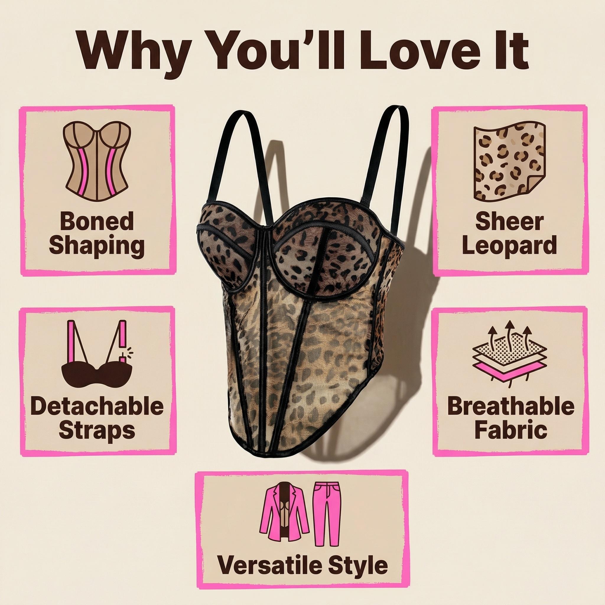 Sexy Leopard Corset Top for Women Mesh Bustier Lace Up Sculpting Shapewear with Detachable Straps Sexy Leopard Corset Top for Women Mesh Bustier Lace Up Sculpting Shapewear with Detachable Straps