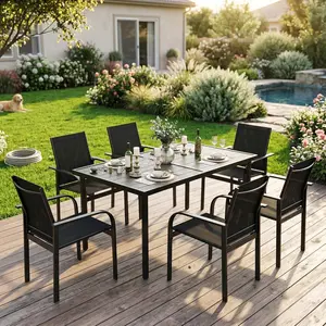 7 Piece Patio Dining Set, Outdoor Furniture with 55" Rectangular Iron Table & 6 Textilene Chairs, All Weather Wood-Grain Finish, Suitable for Backyard, Garden, Poolside