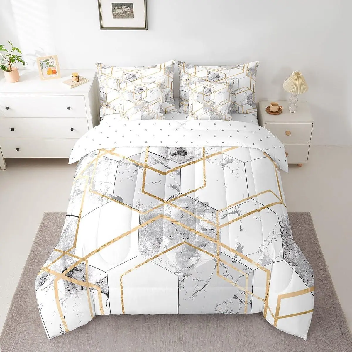 Abstract Marble Vein Comforter Set 7 Piece Bed in a Bag,White Gold Honeycomb Bedding Sets Ombre Marbling Sheet Set with Comforter