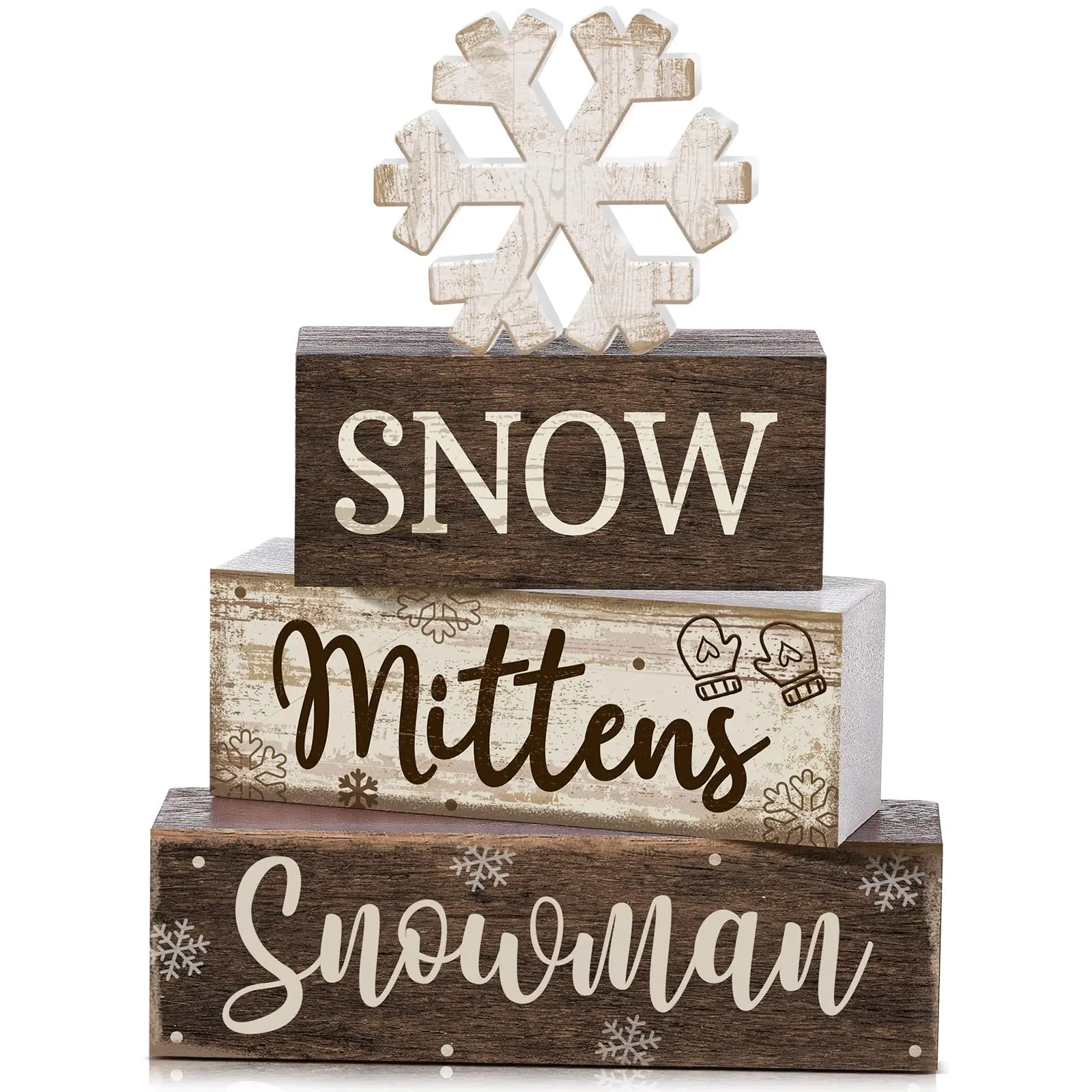 Set of 4 wooden snowflake decorations for winter table decor – tiered tray decor, rustic decorative snowflake blocks with sign, giftable centerpiece for wonderland parties and home/kitchen