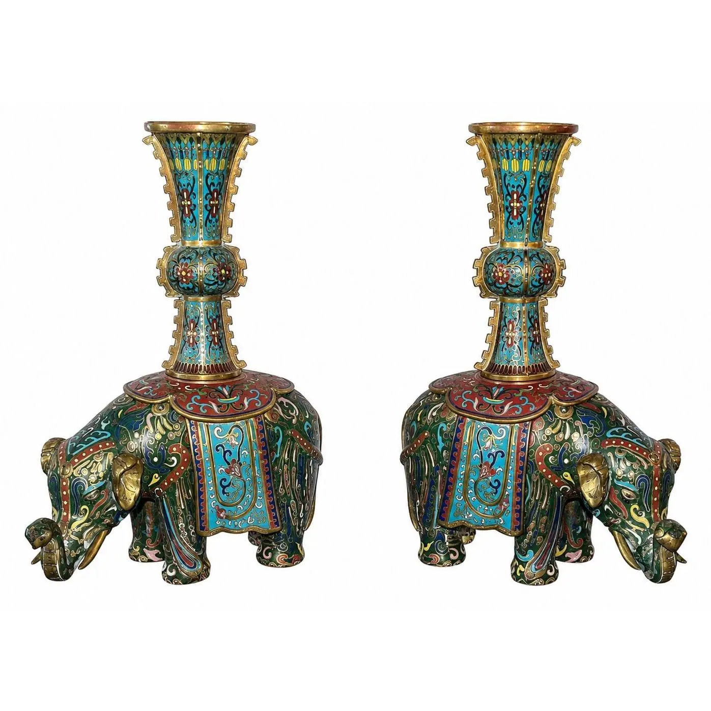 Pair of 19th Century Chinese Cloisonné Elephant Gu Vases