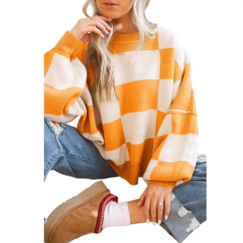 (New)NewZnacicc Women's Stylish Game Day Checkered Bishop Sleeve Sweater - Casual Plaid Top with Crew Neck, Long Sleeve, FallFreshness,Medium Length, Loose-Fitting,Womenswear Can be used with raincoat