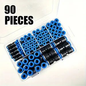 This 90-piece blue PL pneumatic fitting kit in a bag, adopting quick push-to-connect design for installation, fits tubes in multiple sizes, Various tube diameters, covering 4/6/8/10/12mm metric and 5/32, 1/4, 5/16, 3/8, 1/2 inch imperial outer diameters