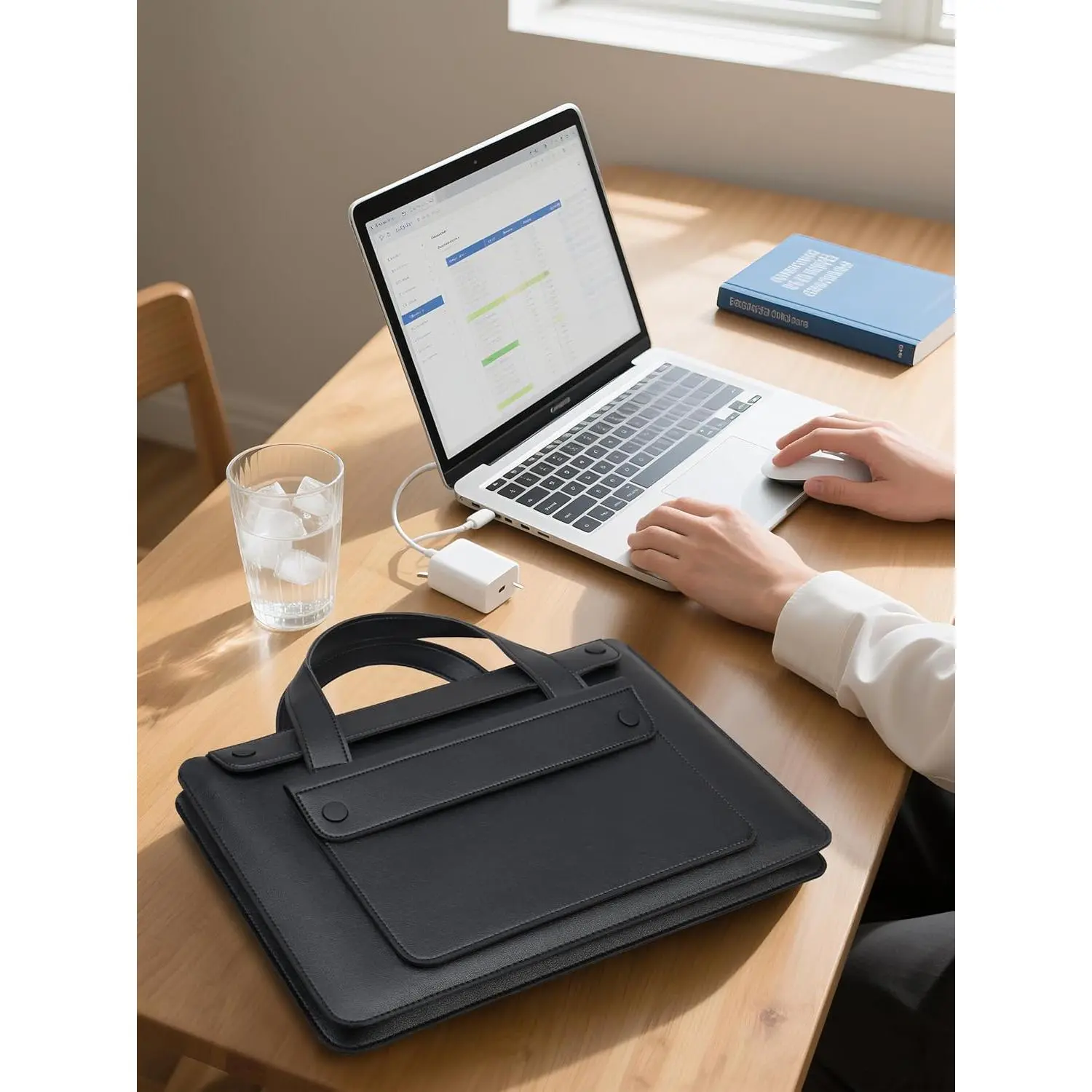 14-Inch Waterproof Leather Laptop Sleeve with Triple-Stitch, 3 Storage Compartments & Padded Pockets, Tablet & Computer Carry Bag for HP Stream, Lenovo ThinkPad, Dell Inspiron, ASUS VivoBook, Acer Chromebook (Black)