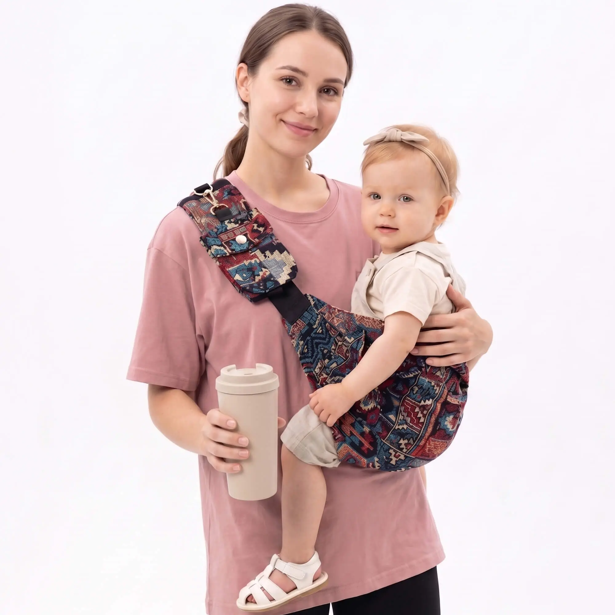 Boho Chic Polyester Unisex Baby Sling Carrier - Crossbody Freedom Design, Unique Tapestry, 1-Handed Coffee Carrying, Hands-Free Infant & Toddler Carrier Slings