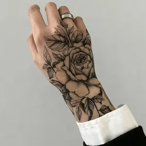 6 large herbal tattoo stickers, including 1 rose design and 5 random styles, lasting 7-15 days, waterproof and friction-resistant, with a realistic effect, suitable for people who are afraid of pain and don’t want a real tattoo
