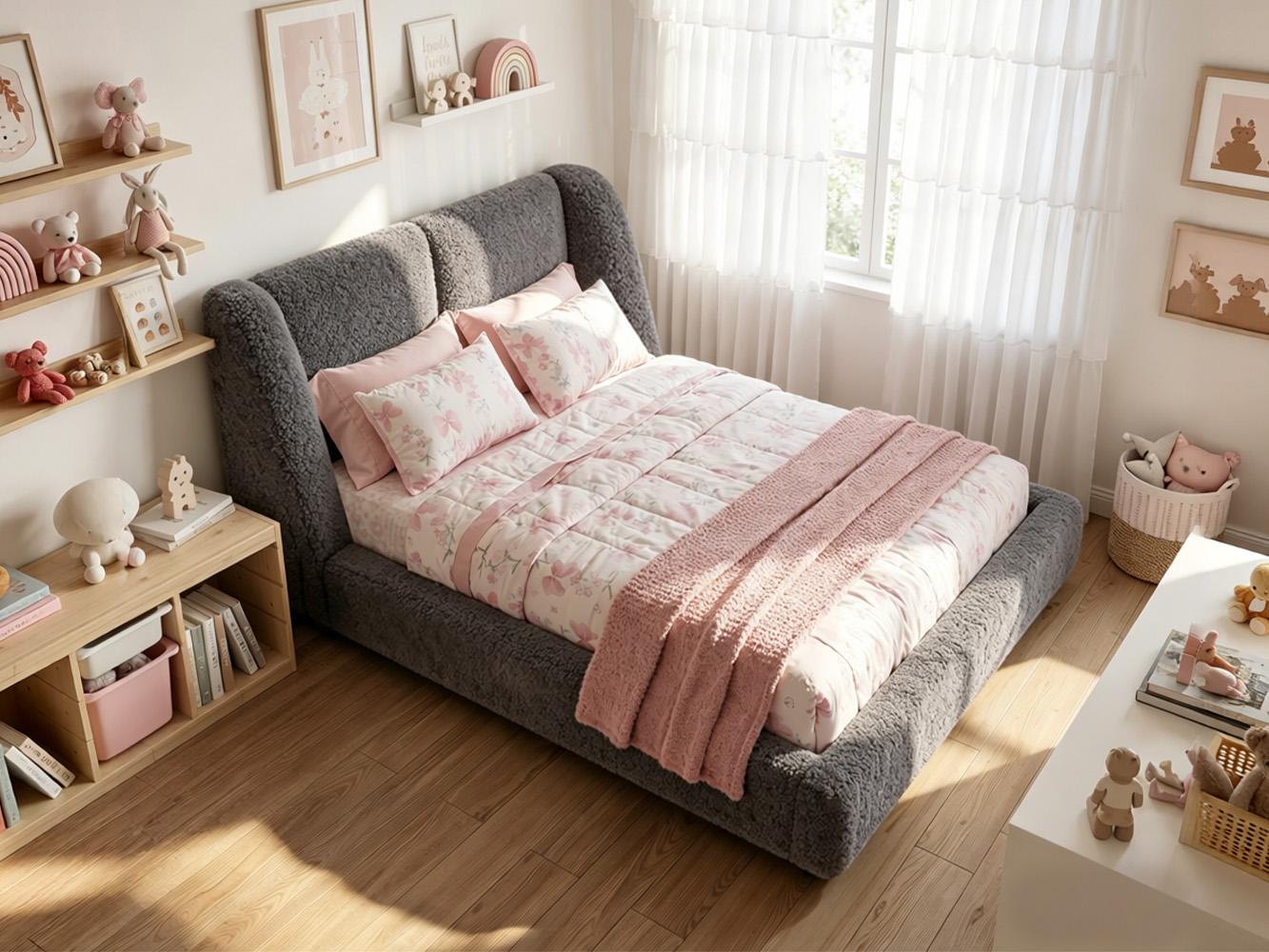 [15 Mins Assembly] Raybee Cloud Bed Frame with 5" Thick Ergonomic Wingback Headboard Soft Boucle Upholstered Low Profile Platform Bed, Bump-Resistant Rounded Corners, Anti-Slip Noise-Free, 880LBS Capacity for Bedroom, Dorms, Apartment, Beige, Black, Gray