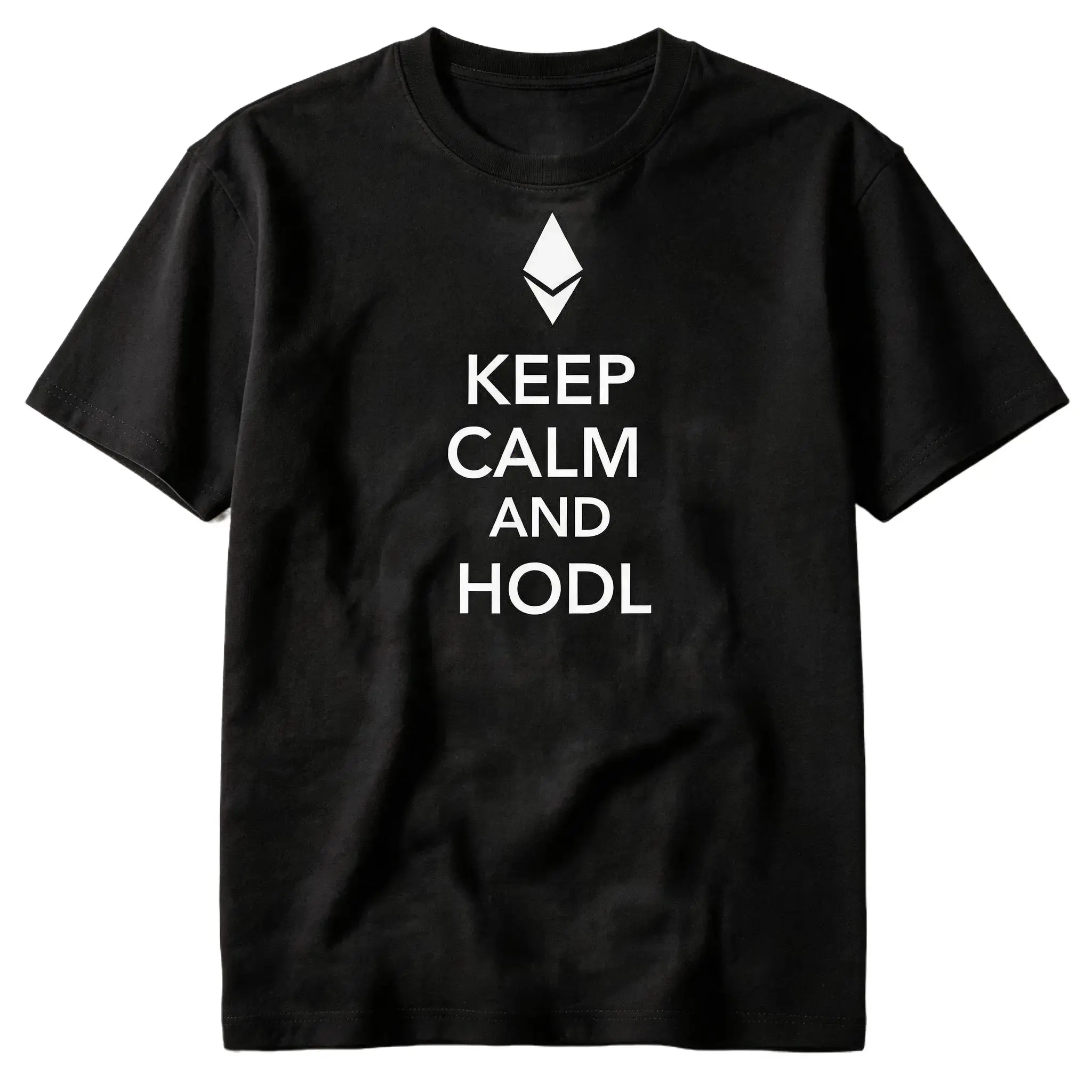 Keep Calm And Hodl Ethereum ETH Logo Minimal Crypto Graphic T-Shirt Blockchain Investor Simple Text Unisex Cotton Short Sleeve Casual Tee