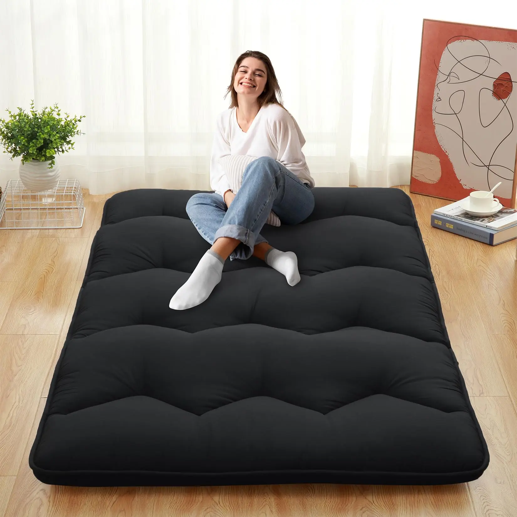 【GARVEE】Japanese Futon Mattress Queen Size, Foldable and Rollable Tatami Style, Black Camping Mattress Pad for Comfortable Sleep and Easy Portability