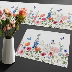 Flowers Table Runner and Place Mats Set of 6 Watercolor Floral Pattern Cotton Dining Mat Sets Seasonal Summer Holiday Decor Washable for Home Table Decorations 70 Inches Long