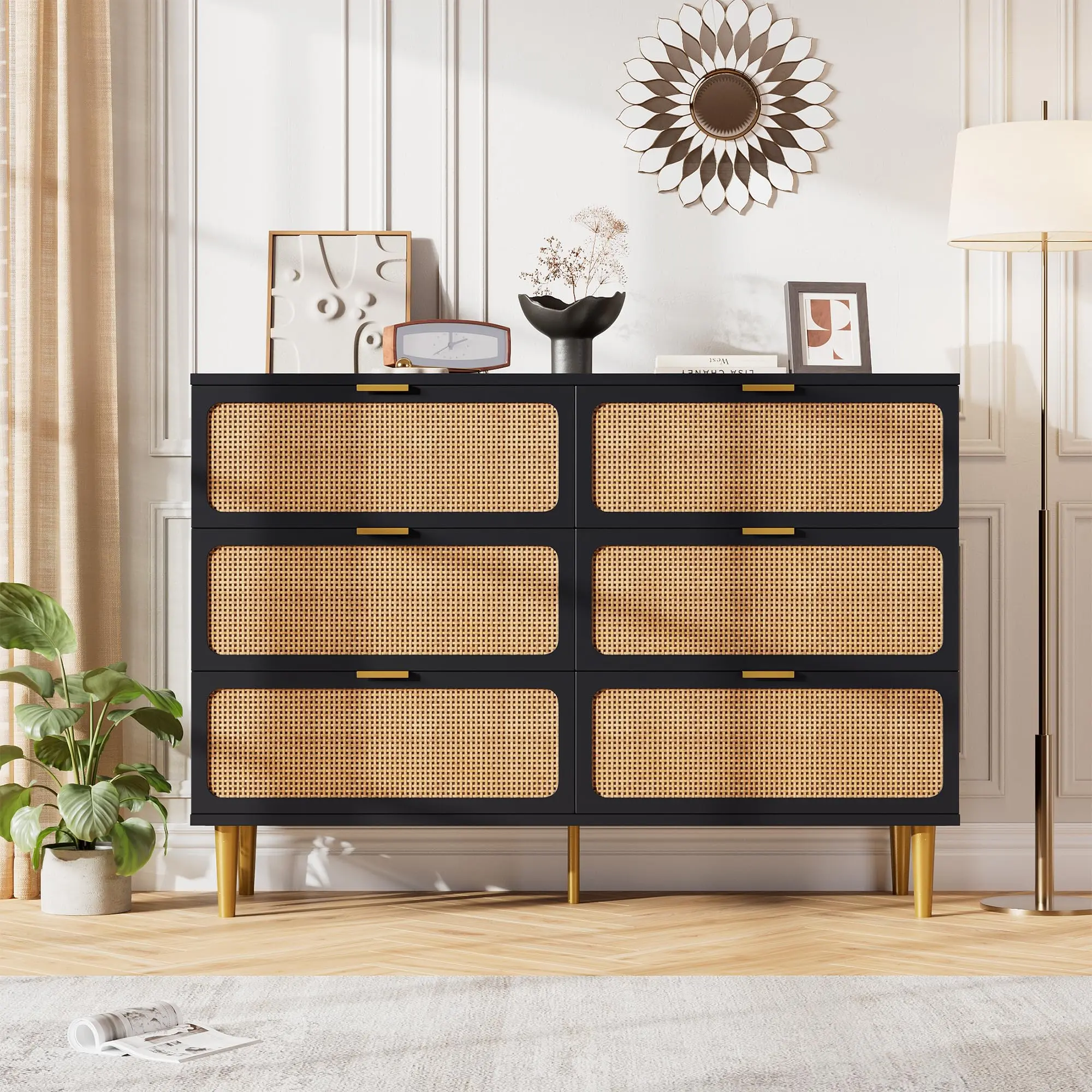 GARVEE Rattan 6 Drawer Dressers for Bedroom,Large Double Dresser with Deep Drawers,Chest of Drawers for Closet with Wide Top,Long Wooden Dresser for Living Room, Hallway,Kids Room,Black