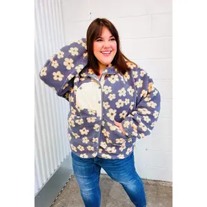 Bold Energy GreyFlower Power Sherpa Button Down Jacket