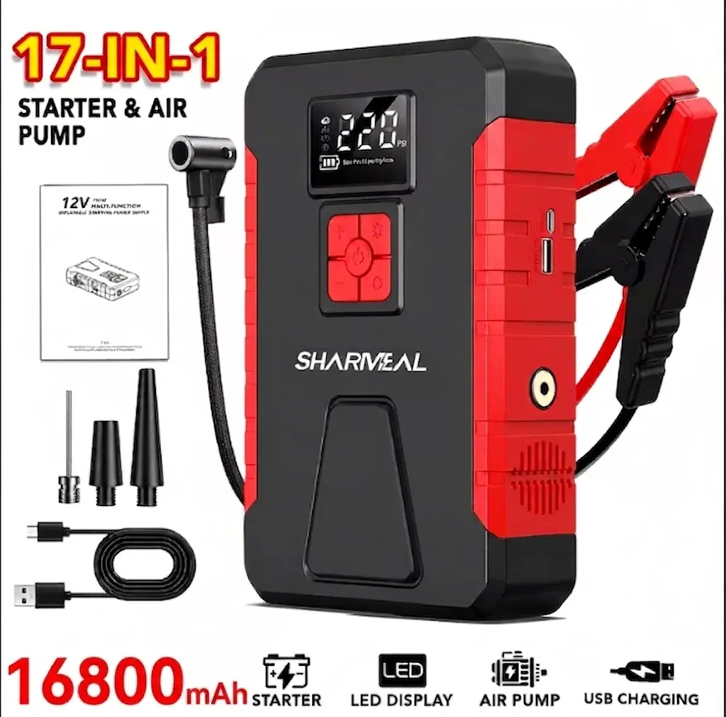 SHARMEAL 16800mAh High-Capacity Portable Car Jump Starter - 12V Automotive Roadside Emergency Escape Tool Kit with 150PSI Tire Inflator, Power Bank, LED Light