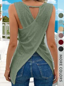 New Summer Women's Plain Sleeveless Top, Hollow Out Irregular Hem Cross Design, Elegant Fashion Commuter Versatile Tank Shirt
