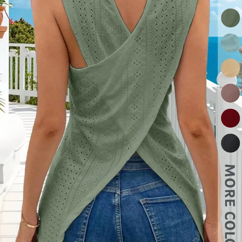 New Summer Women's Plain Solid Basic Fit Sleeveless Top, Hollow Out Irregular Hem Cross Design, Elegant Casual Fashion Commuter Versatile Tank Top, Elegant Classy Tops, Fitted Tank Tops
