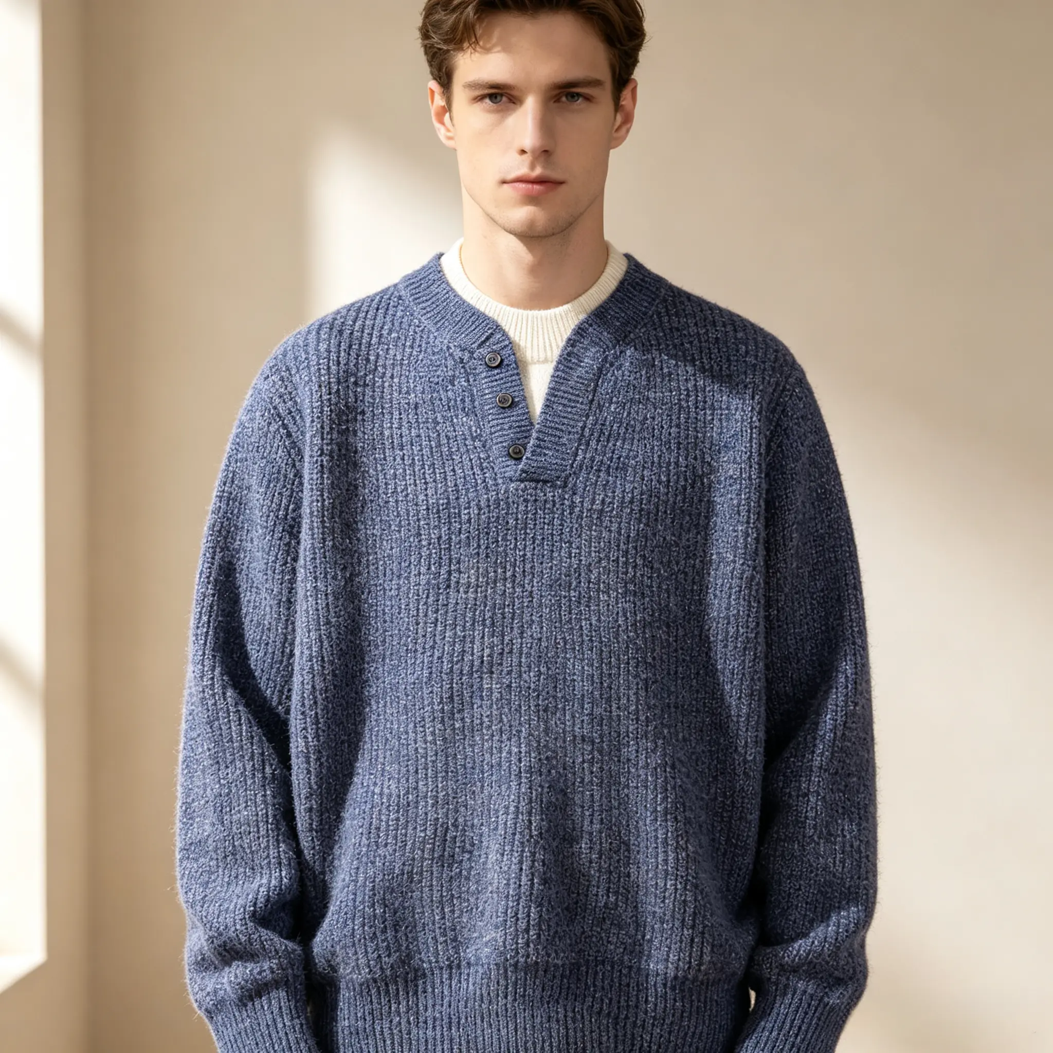 Men’s faux two-piece collared polo knit sweater, loose casual long-sleeve pullover with a front opening, versatile everyday men’s knit top for spring and autumn, simple and stylish knitwear