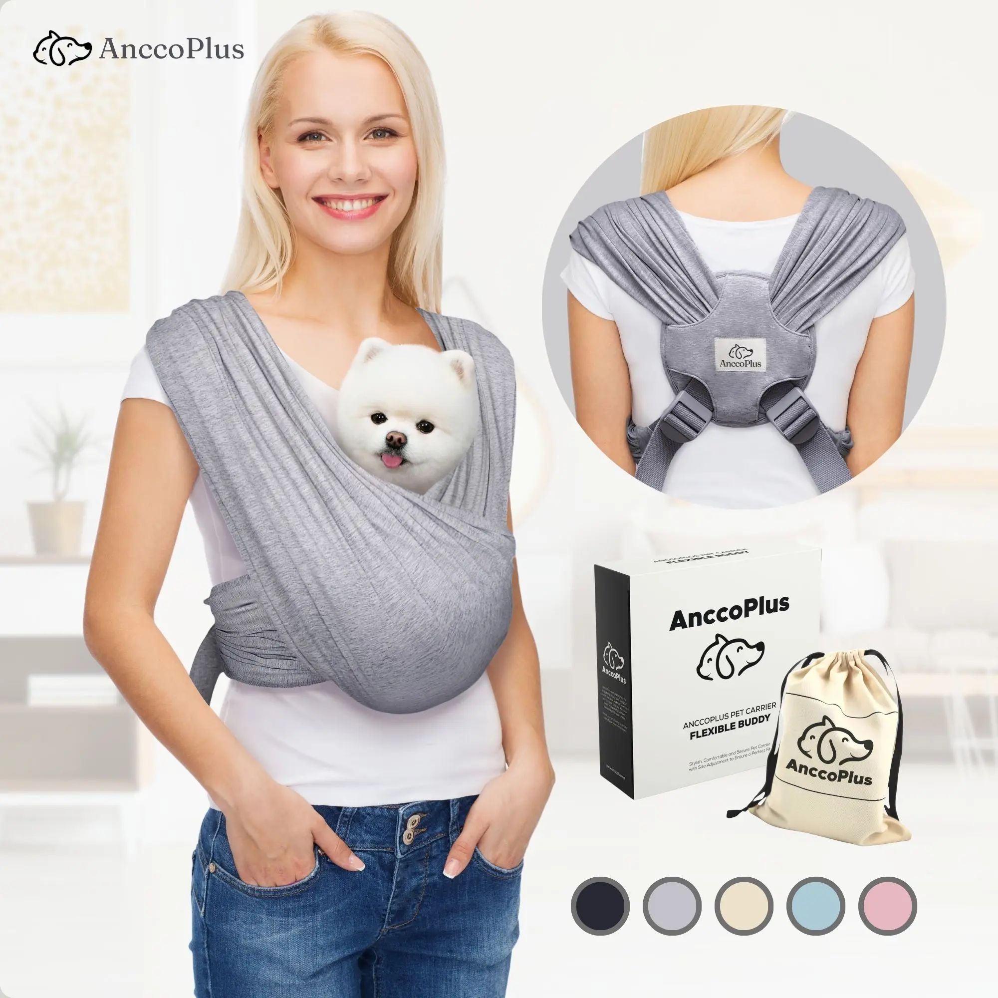 AnccoPlus Flexible Pet Sling Carrier - Front Facing, Cat Sling, Hands-Free, Soft Premium Cotton, Reduces Back Stress, Safe for Small Pets