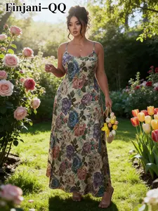 Plus Size Women's Sleeveless Maxi Dress, Elegant Full Embroidered Floral Print, Spring Atmosphere, Fitted Design, All Seasons Wear, Casual Fashion