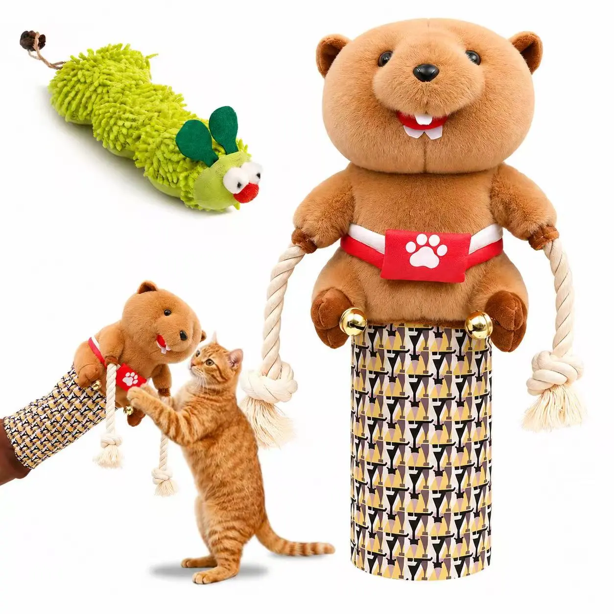 Cat Wrestling Glove Puppet for Indoor Cats – Interactive Bite Resistant Cat Toy with Protective Arm Sleeve & Catnip Caterpillar