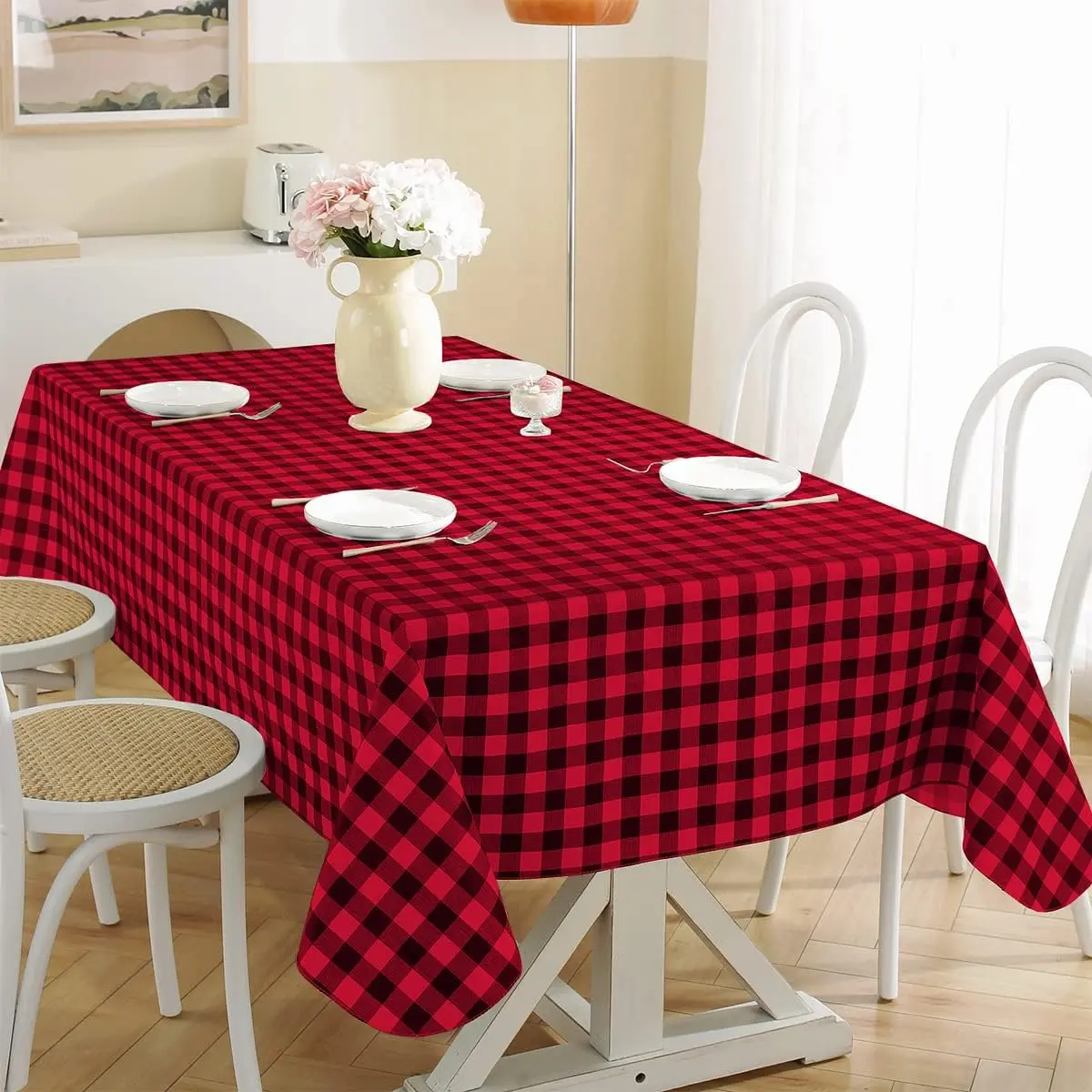 SASTYBALE Buffalo Checkered Vinyl Tablecloth Rectangle with Flannel Backed, Waterproof & Wipeable Plastic Heavy Duty Table Cover for Dining, Party & Outdoor, Red and Black