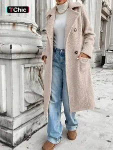 Women's Winter Korean Plush Long Coat, Loose Fit Double Button Overcoat, Warm Casual Outerwear for Fall & Winter Seasons