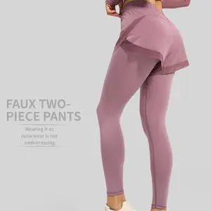 Women's Sports Fake Two-Piece Long Pants Mesh Design with Pockets Fitness Long Pants Suitable for Cycling Fitness Sports Running Yoga