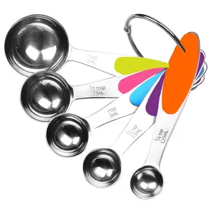 5-piece stainless steel measuring spoon set with silicone handles, suitable for cooking and baking, a kitchen essential, durable and dishwasher safe, multifunctional,