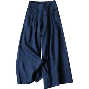 Women' s Culottes Linen Blend Wide Leg Pants Elastic Waist Casual Palazzo Trousers with Pockets Capris