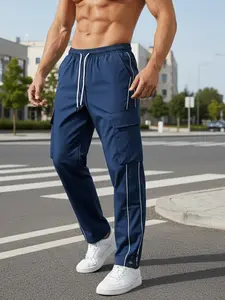 Men's Workwear Pants, Trouser, Multi-Pocket Design, Waist Drawstring, Elastic Cuff, Stylish Casual, Stripes, Perfect for Daily Wear