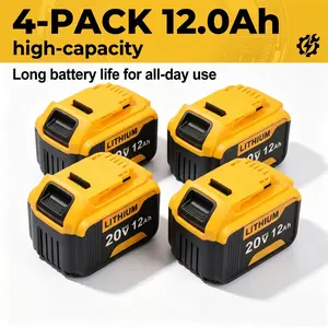 4-Pack 12.0Ah Replacement Battery Compatible with DEWALT 20V High-Capacity Lithium-Ion Batteries