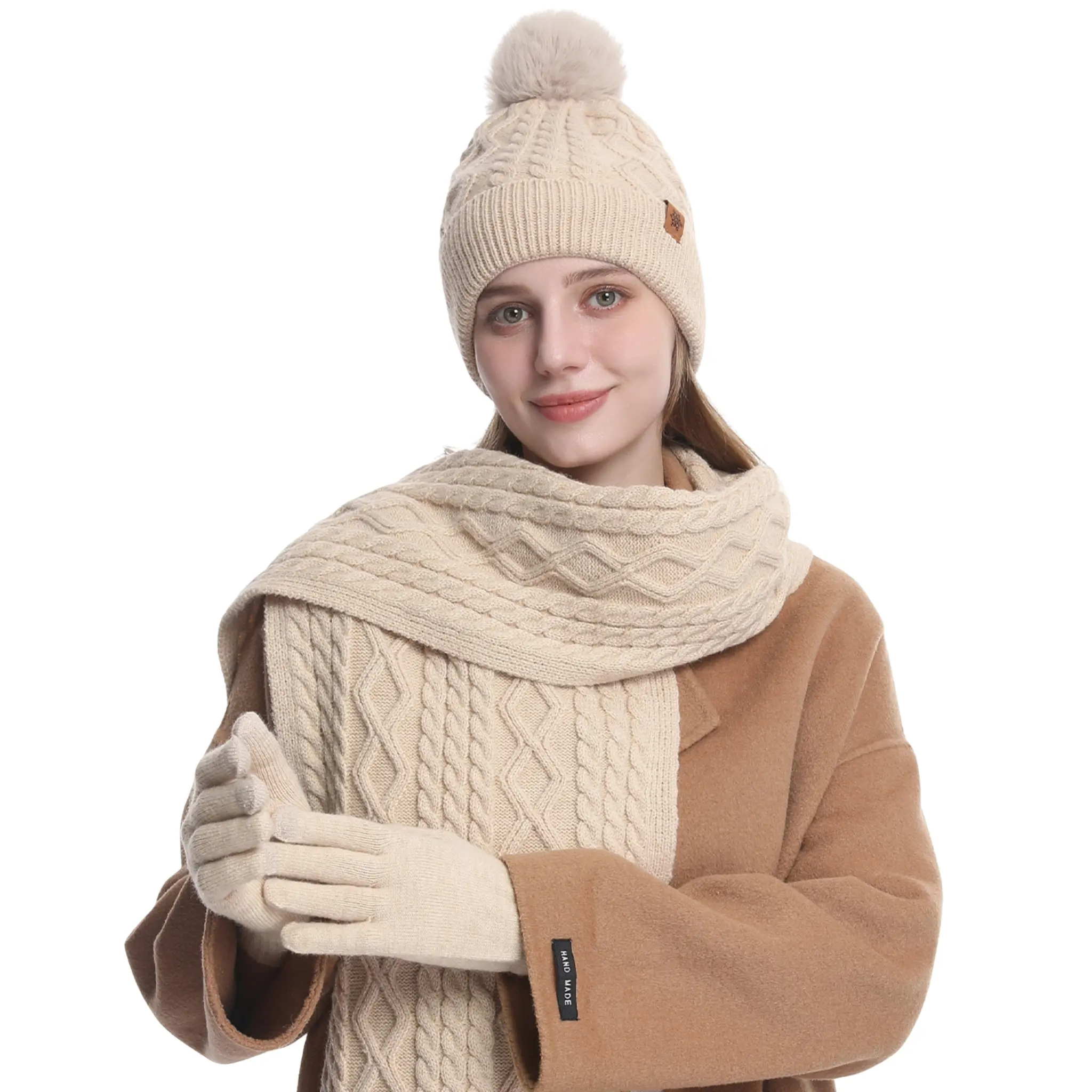 2THESTARS Female Fashionable 3-Piece Winter Beanie-Scarf-Gloves Set, 3D Cube Knit Tech, 52% Acrylic, Fleece-Lined, Modern Touchscreen Gloves for Skiing-Commute, Ideal for Outfits & Birthday Gifting, Beanie-Style Hat, 3-Piece Set, Hat-Scarf-Gloves Set