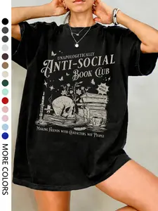 Women's Casual Round Neck T-Shirt, Book Skull Print, Loose-Fitting, Perfect for Daily Wear, Vacation, Outdoor Activities, Sportswear