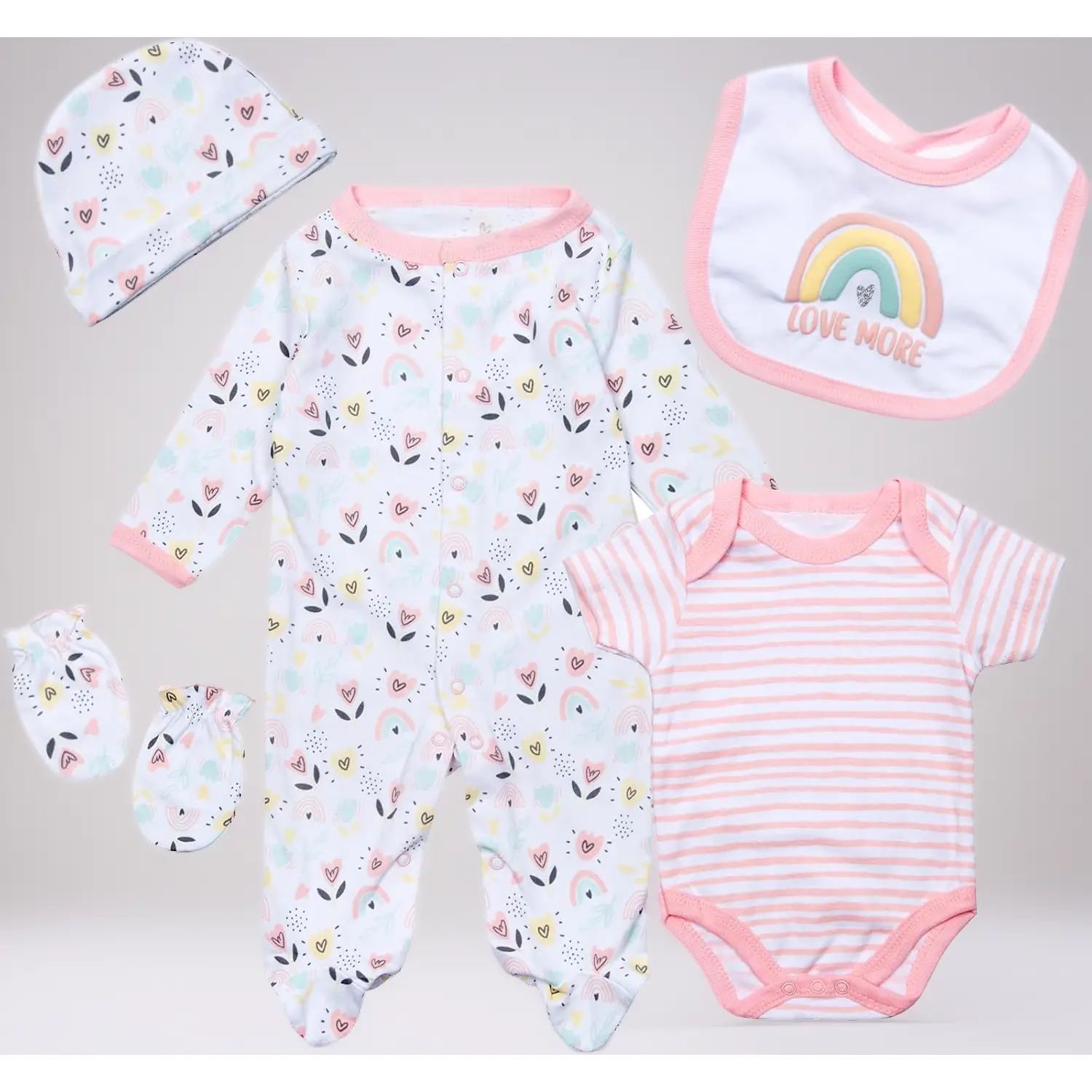 Baby Doll Clothes 17-22 Inch Girl Newborn  Clothes Pink Rainbow Outfits 5-Piece Reborn Baby Doll Accessories Stuffs Kids Pretend Play Set